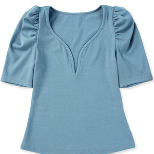 Deep V Puff Sleeve Top-Pimamour