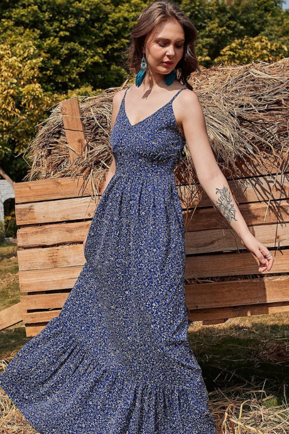 Ditsy Floral Spaghetti Strap Maxi Dress-Pimamour