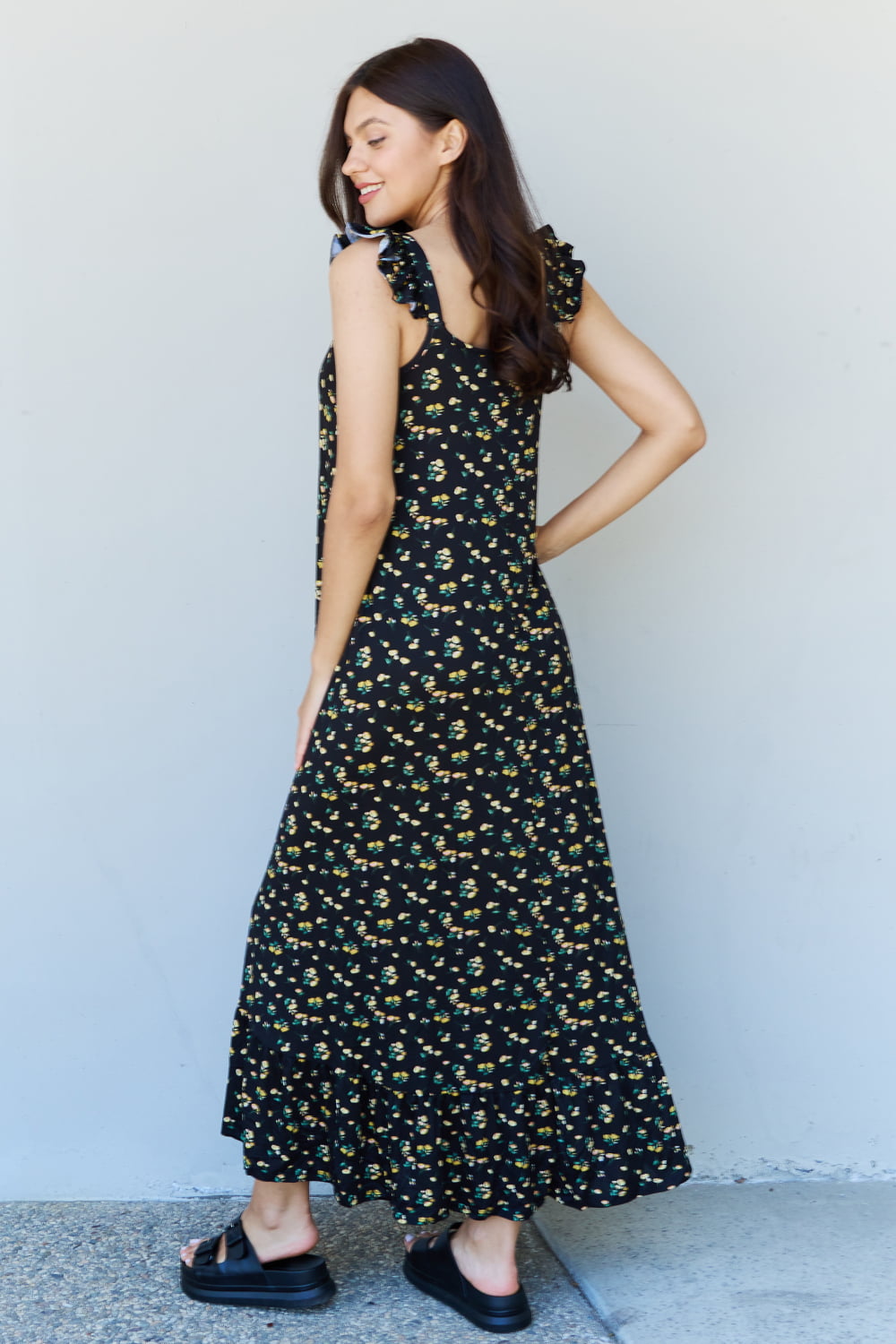 Doublju In The Garden Ruffle Floral Maxi Dress in  Black Yellow Floral-Pimamour