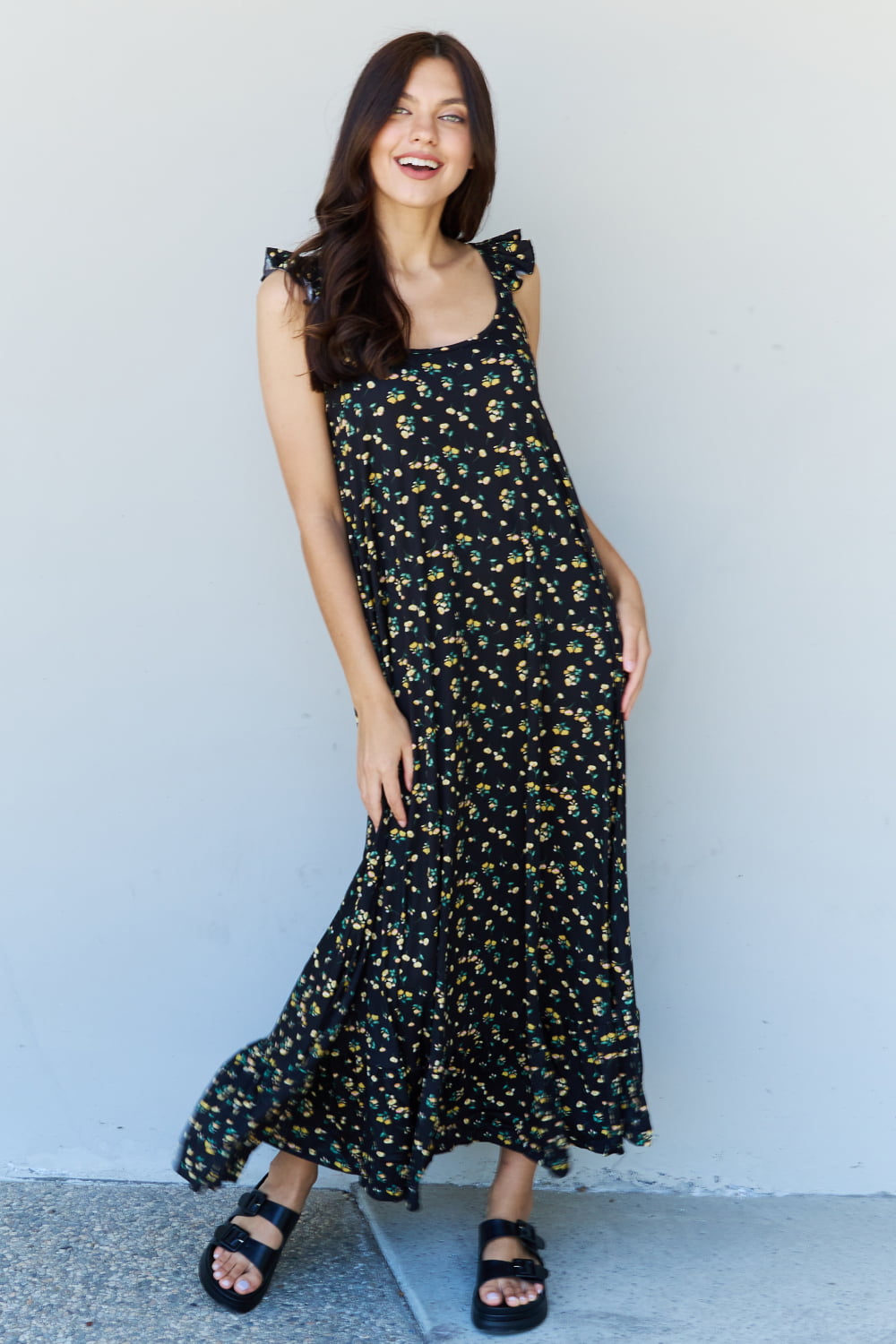 Doublju In The Garden Ruffle Floral Maxi Dress in  Black Yellow Floral-Pimamour