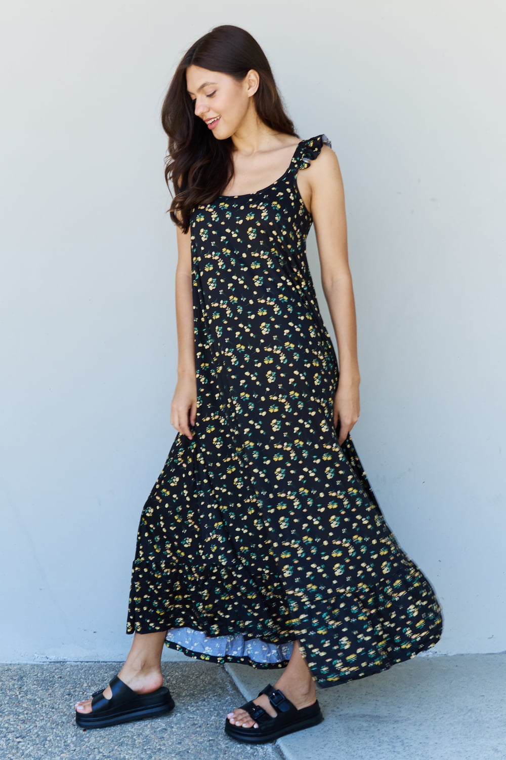 Doublju In The Garden Ruffle Floral Maxi Dress in  Black Yellow Floral-Pimamour