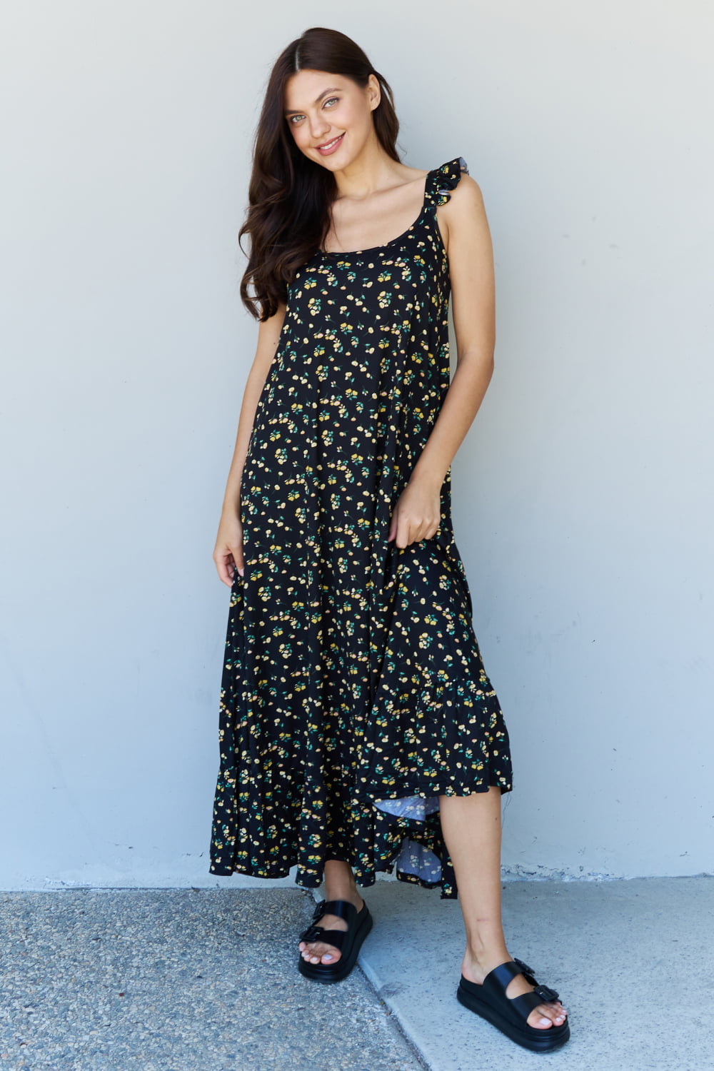 Doublju In The Garden Ruffle Floral Maxi Dress in  Black Yellow Floral-Pimamour