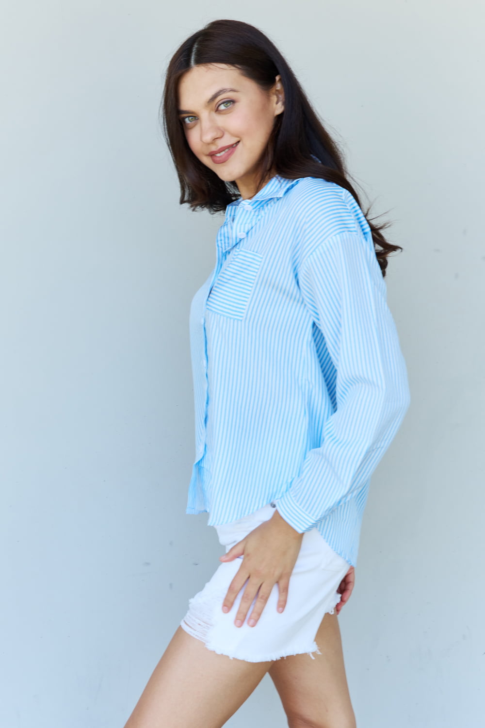 Doublju She Means Business Striped Button Down Shirt Top-Pimamour