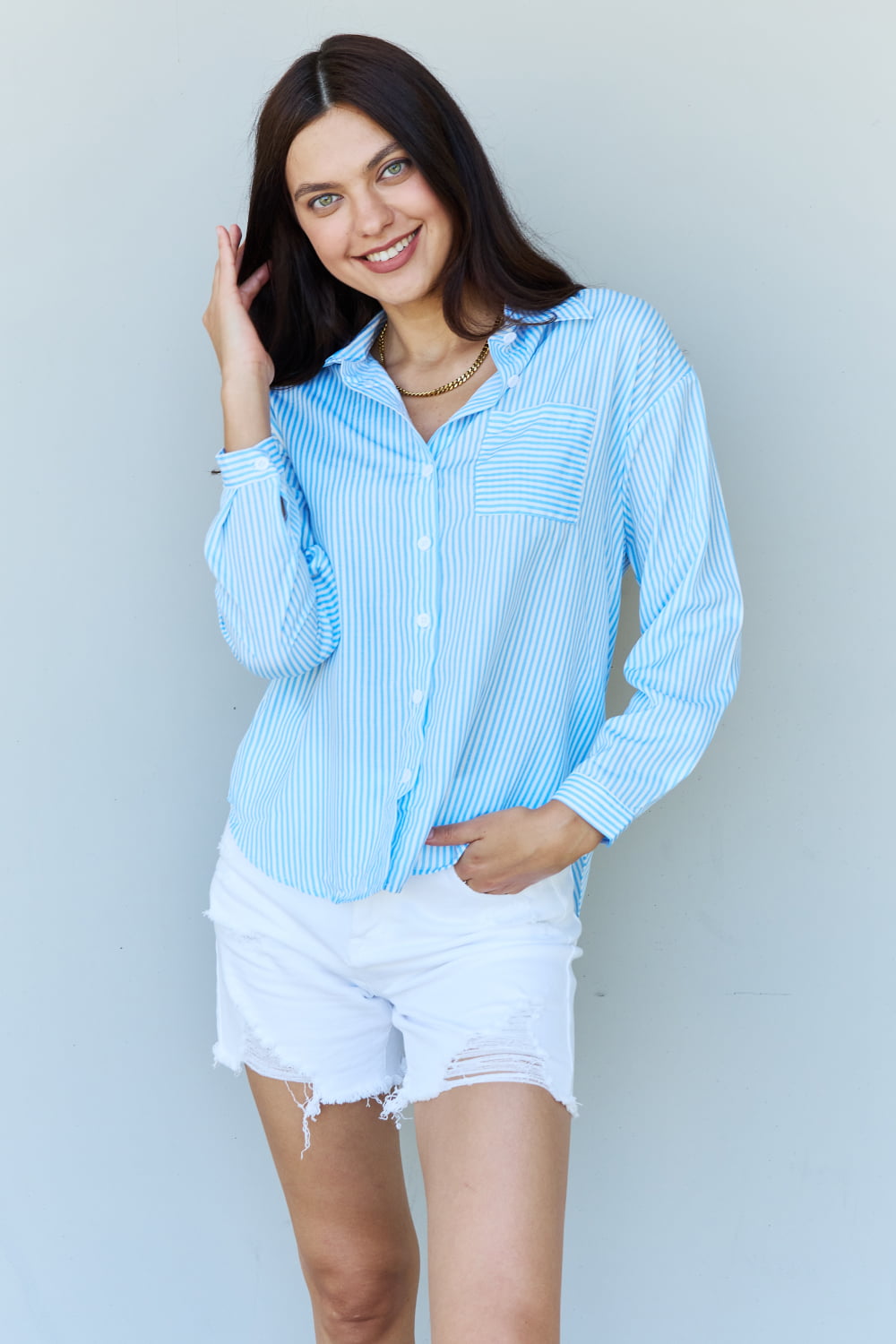 Doublju She Means Business Striped Button Down Shirt Top-Pimamour