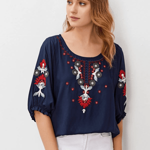 Embroidered Round Neck Flounce Sleeve Blouse-Pimamour