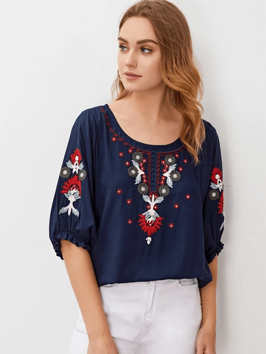 Embroidered Round Neck Flounce Sleeve Blouse-Pimamour