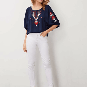 Embroidered Round Neck Flounce Sleeve Blouse-Pimamour