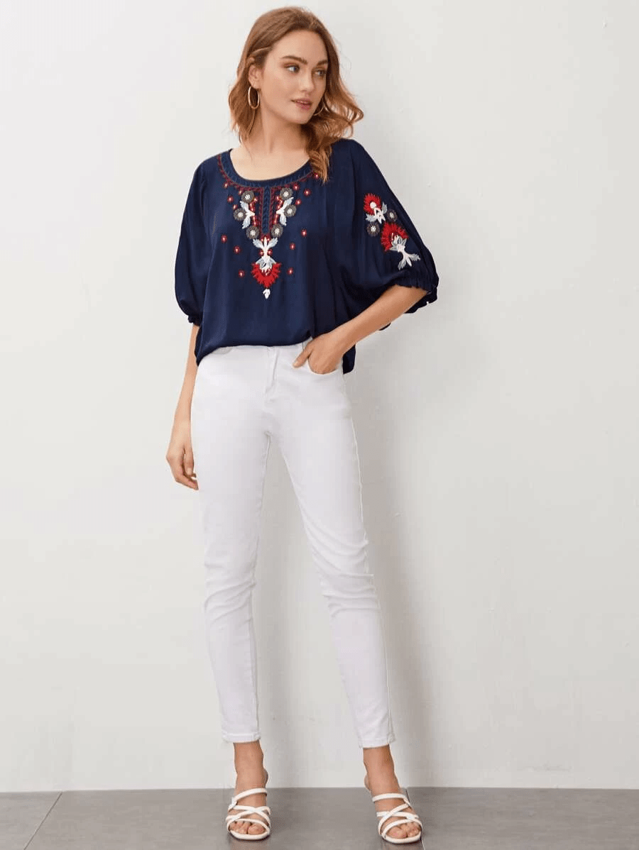 Embroidered Round Neck Flounce Sleeve Blouse-Pimamour