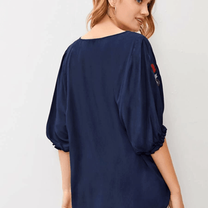 Embroidered Round Neck Flounce Sleeve Blouse-Pimamour