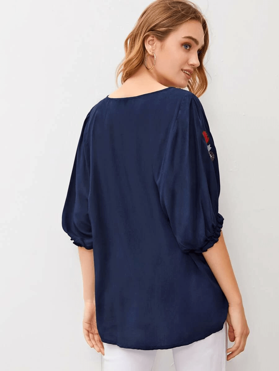 Embroidered Round Neck Flounce Sleeve Blouse-Pimamour