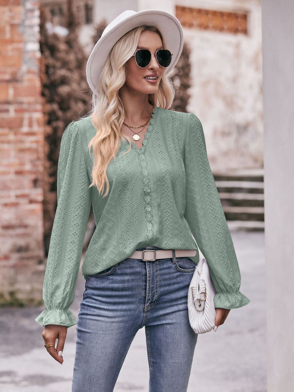 Eyelet V-Neck Flounce Sleeve Blouse-Pimamour