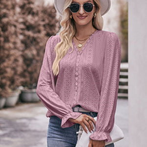 Eyelet V-Neck Flounce Sleeve Blouse-Pimamour