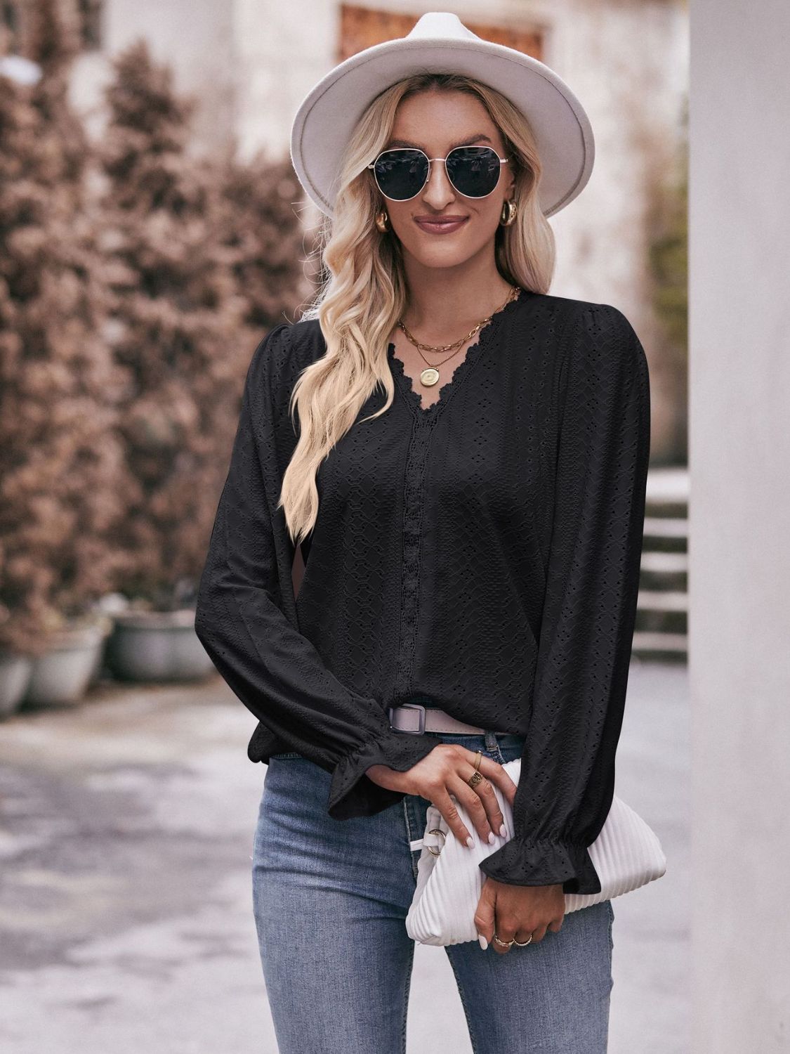 Eyelet V-Neck Flounce Sleeve Blouse-Pimamour