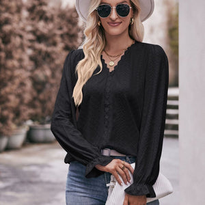 Eyelet V-Neck Flounce Sleeve Blouse-Pimamour