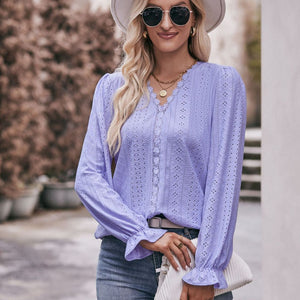 Eyelet V-Neck Flounce Sleeve Blouse-Pimamour