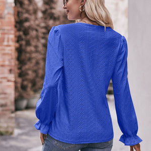 Eyelet V-Neck Flounce Sleeve Blouse-Pimamour