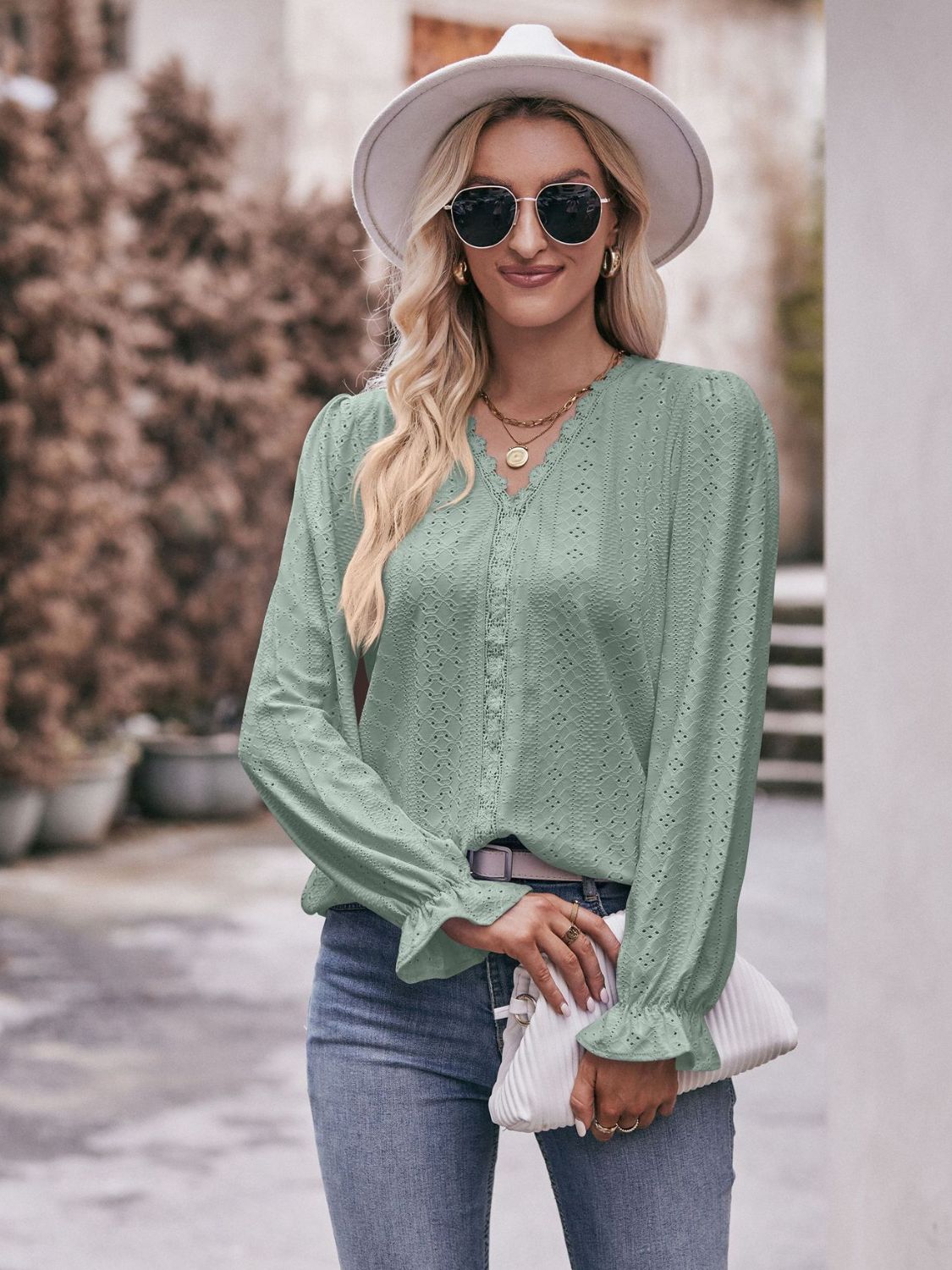 Eyelet V-Neck Flounce Sleeve Blouse-Pimamour