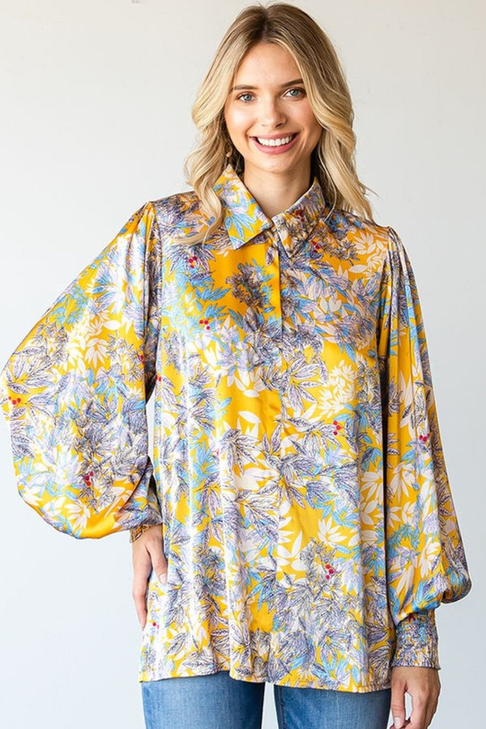 First Love Full Size Floral Lantern Sleeve Blouse-Pimamour