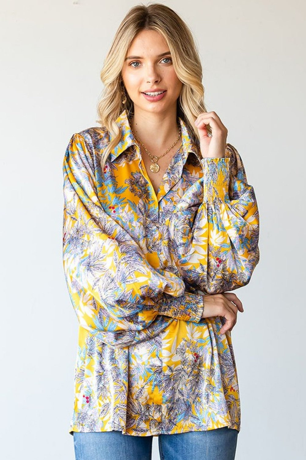 First Love Full Size Floral Lantern Sleeve Blouse-Pimamour