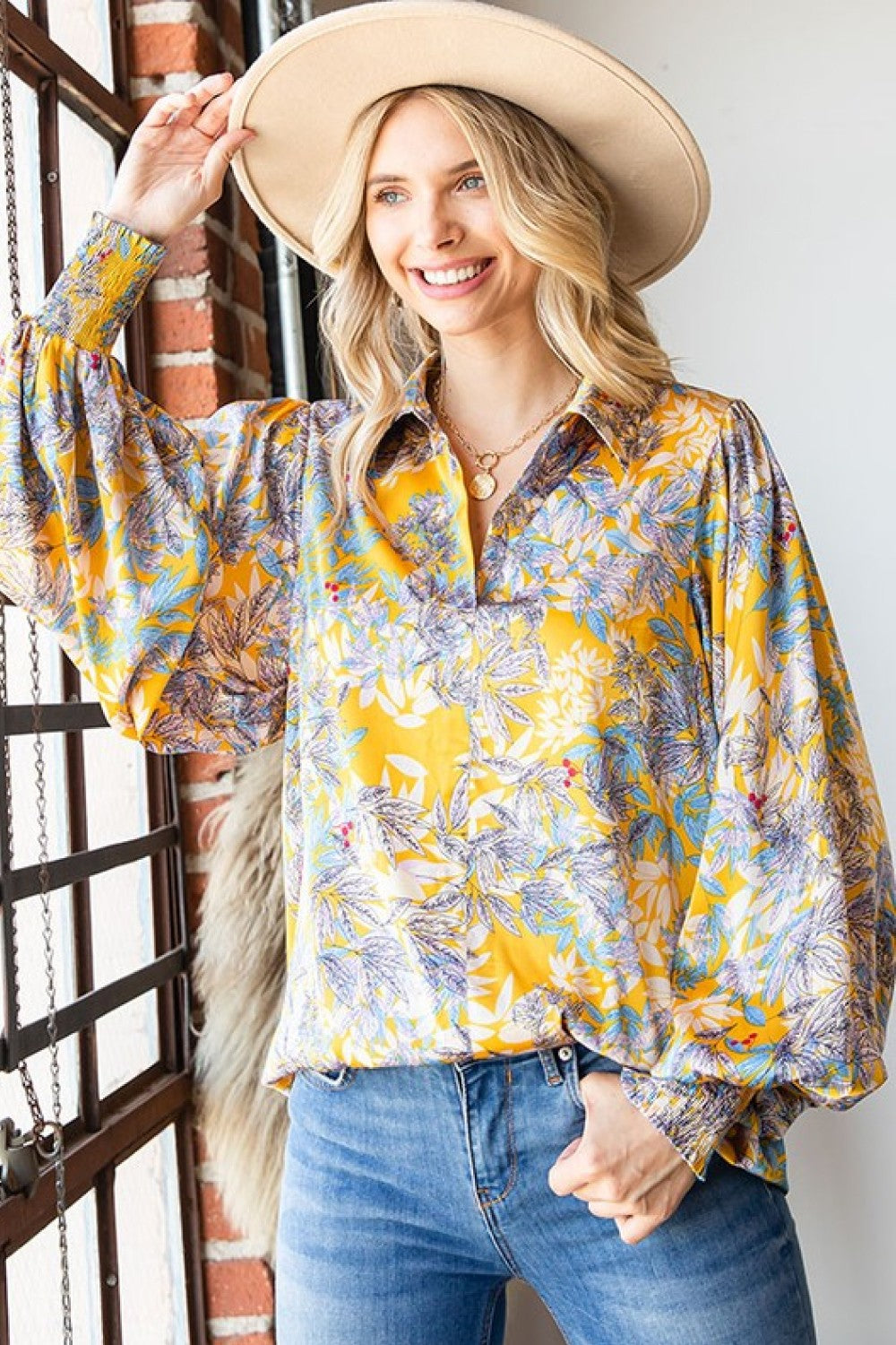 First Love Full Size Floral Lantern Sleeve Blouse-Pimamour