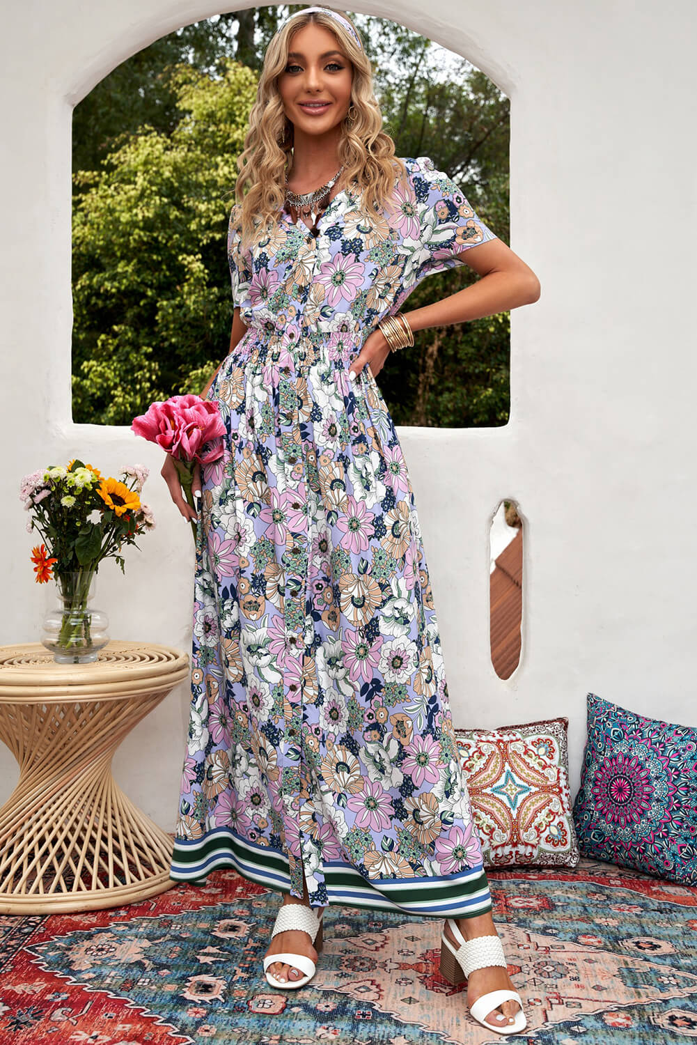 Floral Buttoned  Short Sleeve Maxi Dress-Pimamour