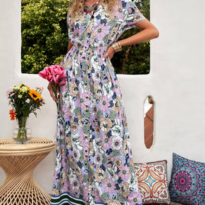 Floral Buttoned  Short Sleeve Maxi Dress-Pimamour