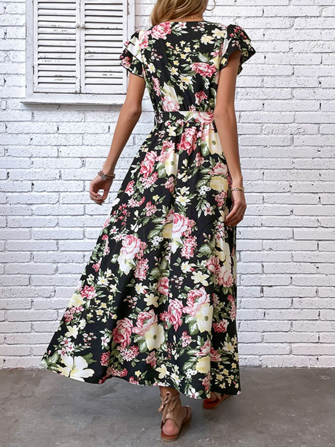 Floral Flutter Sleeve Tie-Waist Split Dress-Pimamour