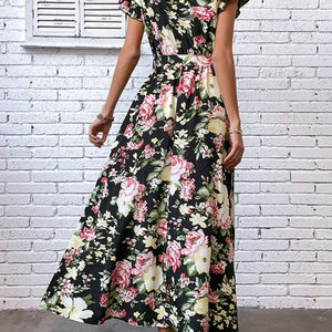 Floral Flutter Sleeve Tie-Waist Split Dress-Pimamour