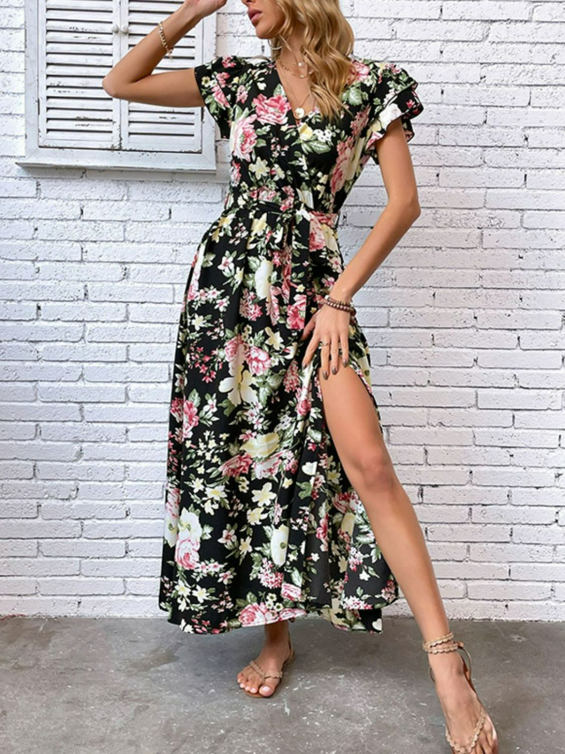 Floral Flutter Sleeve Tie-Waist Split Dress-Pimamour