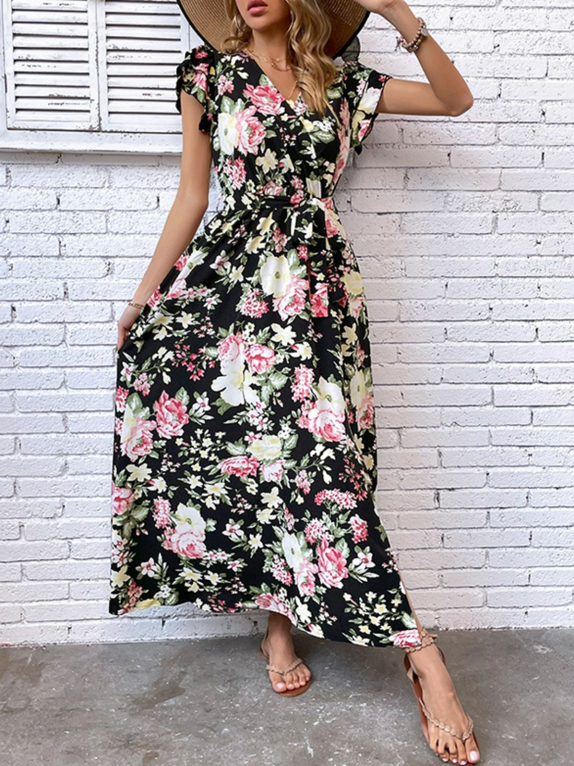 Floral Flutter Sleeve Tie-Waist Split Dress-Pimamour