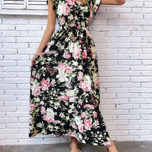 Floral Flutter Sleeve Tie-Waist Split Dress-Pimamour