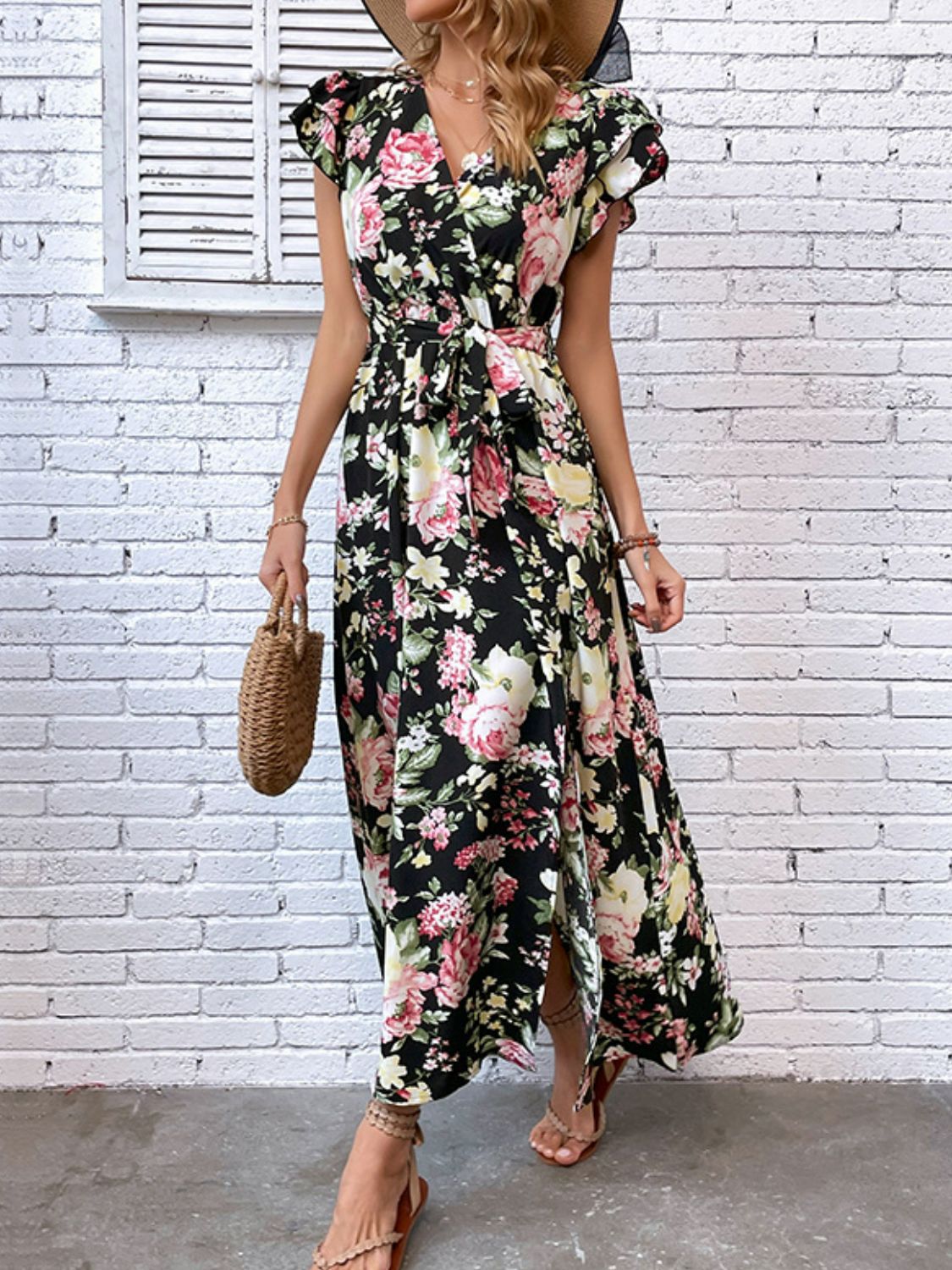 Floral Flutter Sleeve Tie-Waist Split Dress-Pimamour