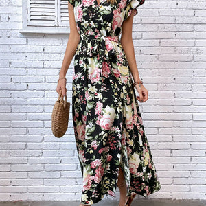 Floral Flutter Sleeve Tie-Waist Split Dress-Pimamour