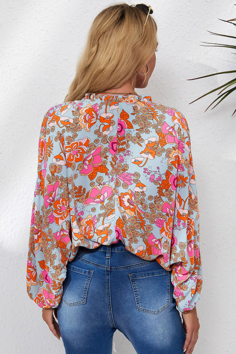 Floral Frill Trim Balloon Sleeve Blouse-Pimamour