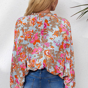 Floral Frill Trim Balloon Sleeve Blouse-Pimamour