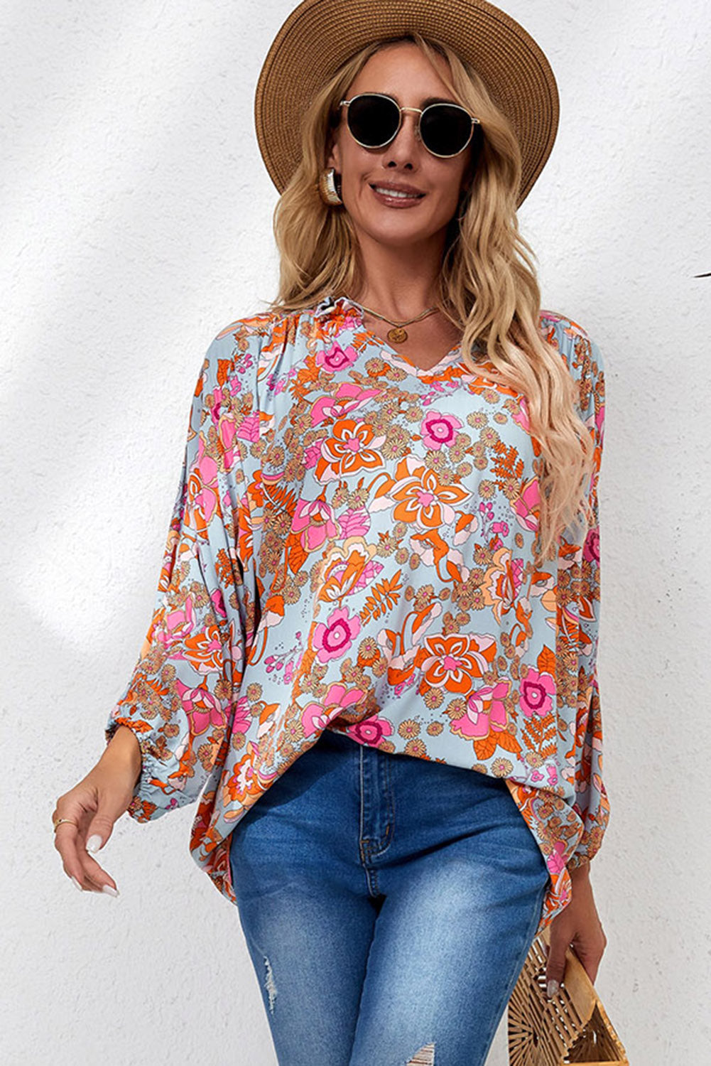 Floral Frill Trim Balloon Sleeve Blouse-Pimamour