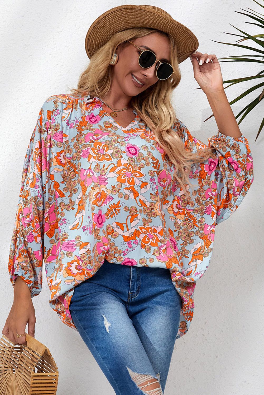 Floral Frill Trim Balloon Sleeve Blouse-Pimamour