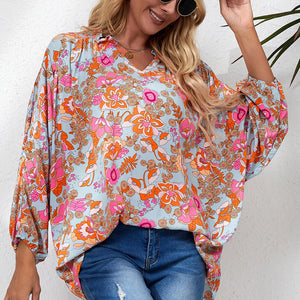 Floral Frill Trim Balloon Sleeve Blouse-Pimamour