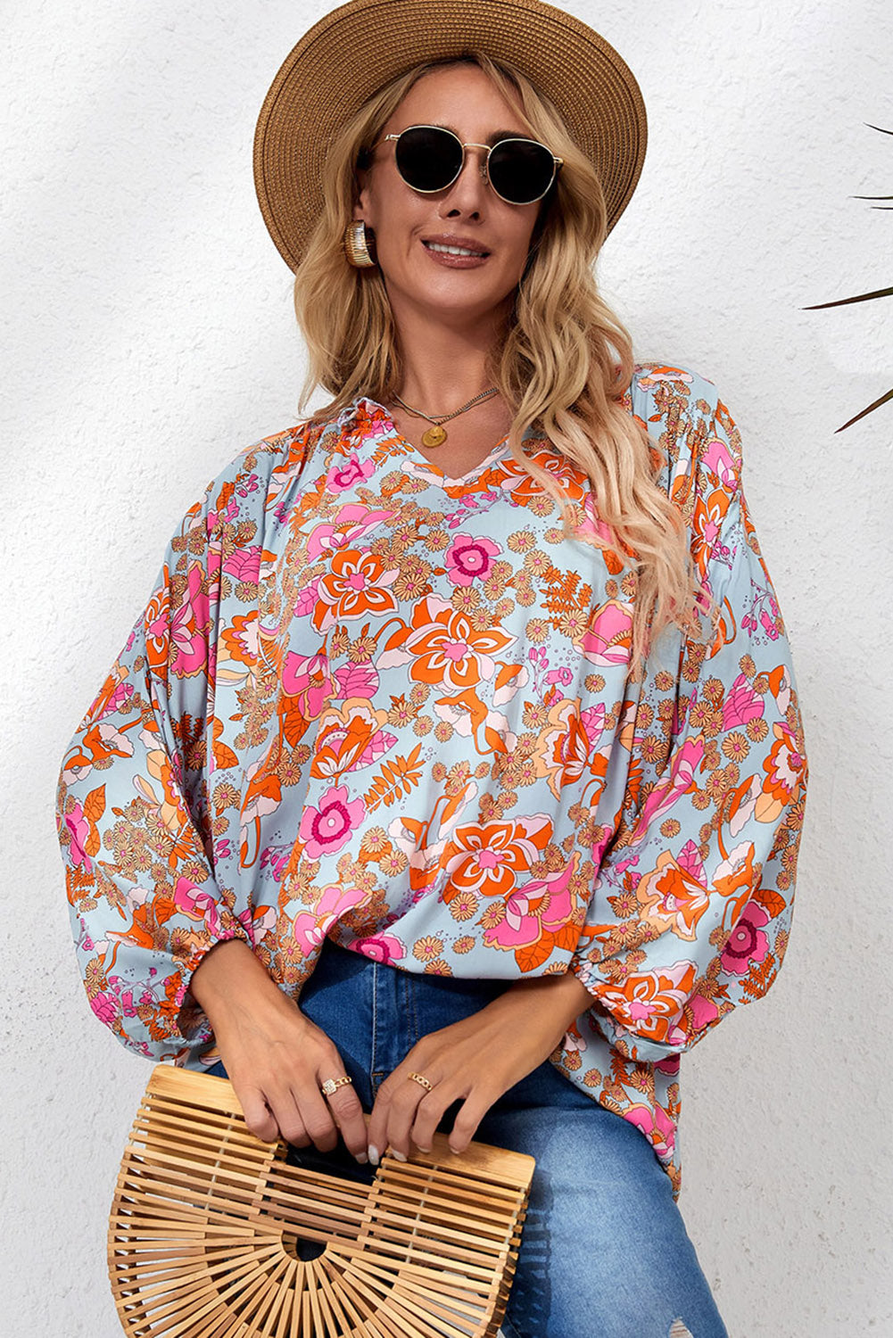 Floral Frill Trim Balloon Sleeve Blouse-Pimamour