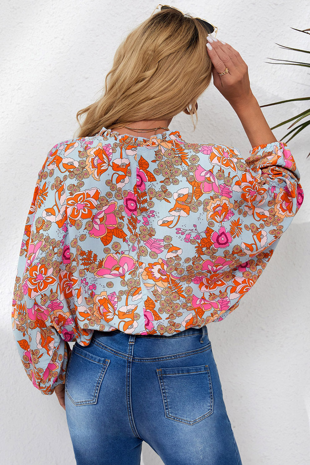 Floral Frill Trim Balloon Sleeve Blouse-Pimamour