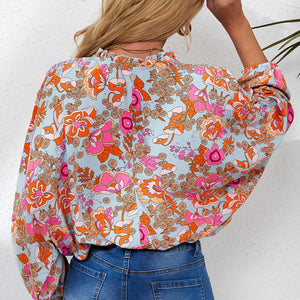 Floral Frill Trim Balloon Sleeve Blouse-Pimamour