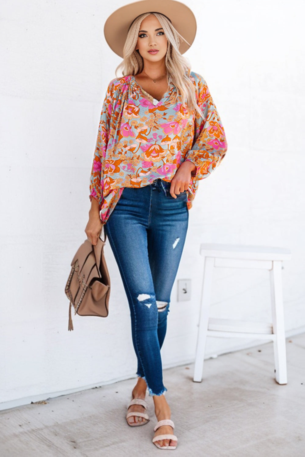 Floral Frill Trim Balloon Sleeve Blouse-Pimamour