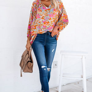 Floral Frill Trim Balloon Sleeve Blouse-Pimamour