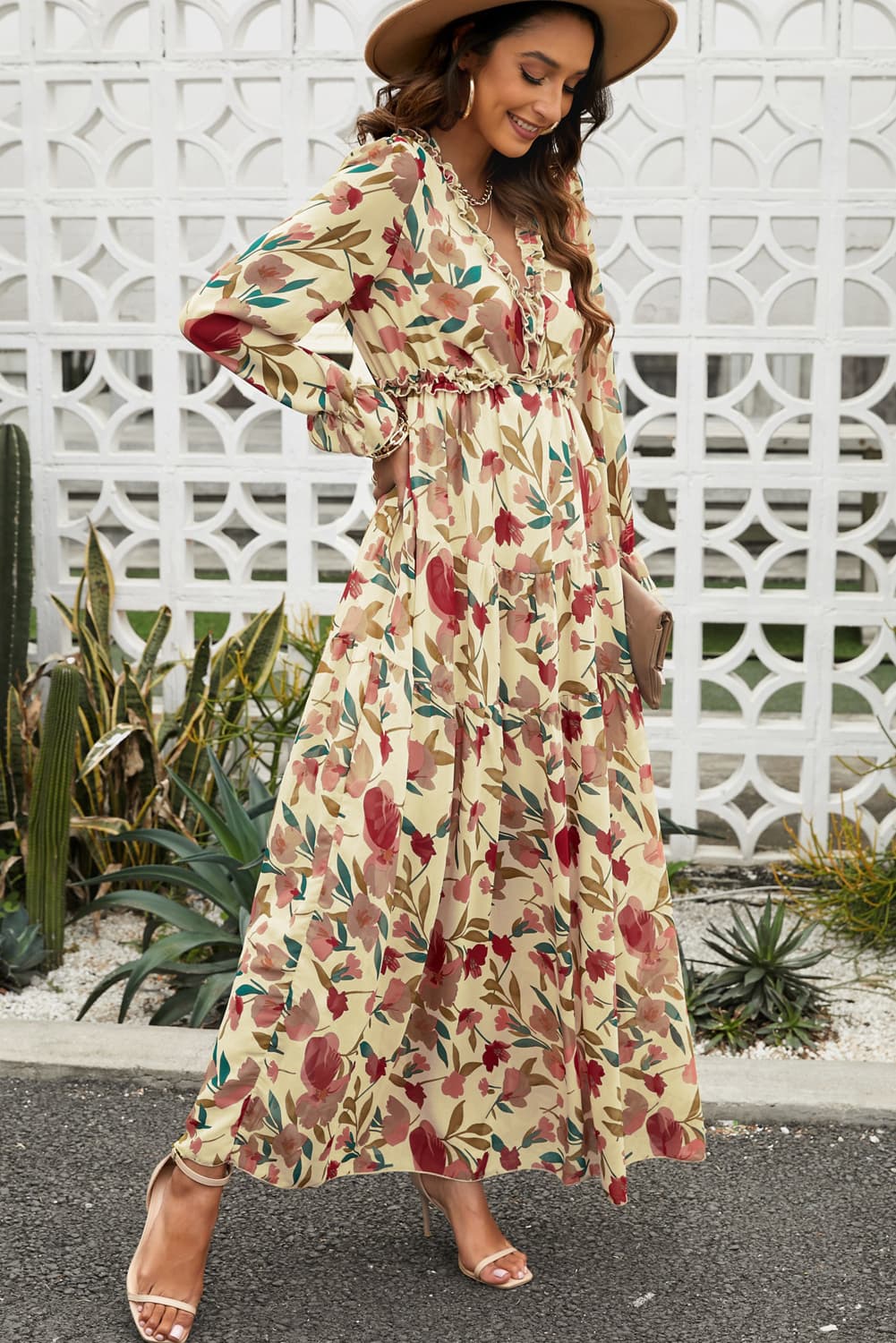 Floral Frill Trim Flounce Sleeve Plunge Maxi Dress-Pimamour