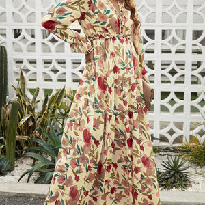 Floral Frill Trim Flounce Sleeve Plunge Maxi Dress-Pimamour