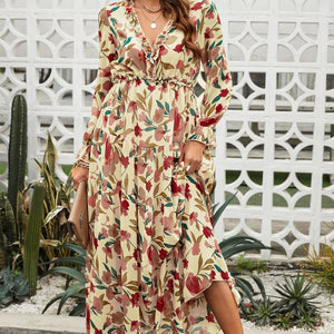 Floral Frill Trim Flounce Sleeve Plunge Maxi Dress-Pimamour