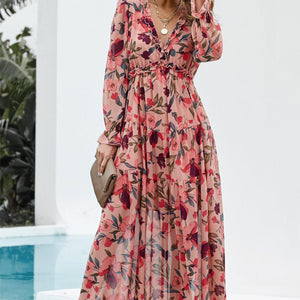 Floral Frill Trim Flounce Sleeve Plunge Maxi Dress-Pimamour