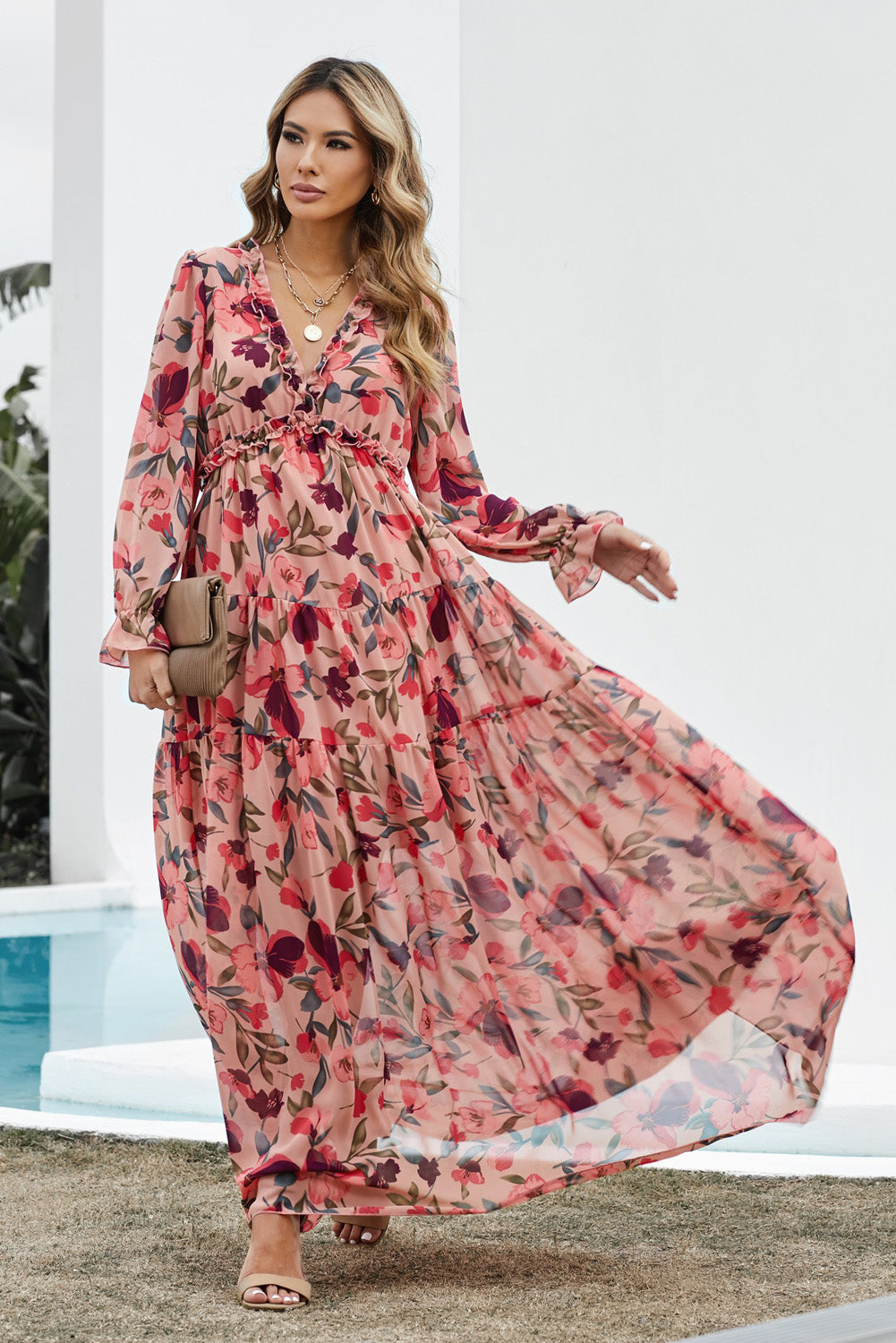 Floral Frill Trim Flounce Sleeve Plunge Maxi Dress-Pimamour