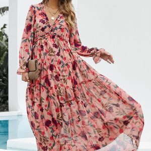 Floral Frill Trim Flounce Sleeve Plunge Maxi Dress-Pimamour