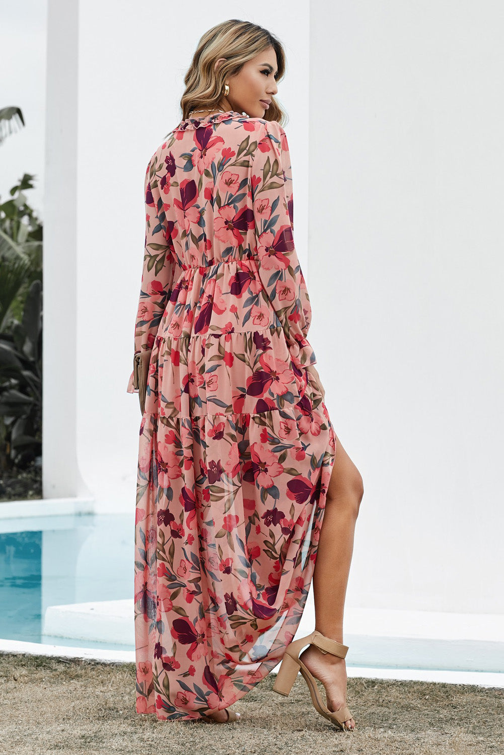 Floral Frill Trim Flounce Sleeve Plunge Maxi Dress-Pimamour